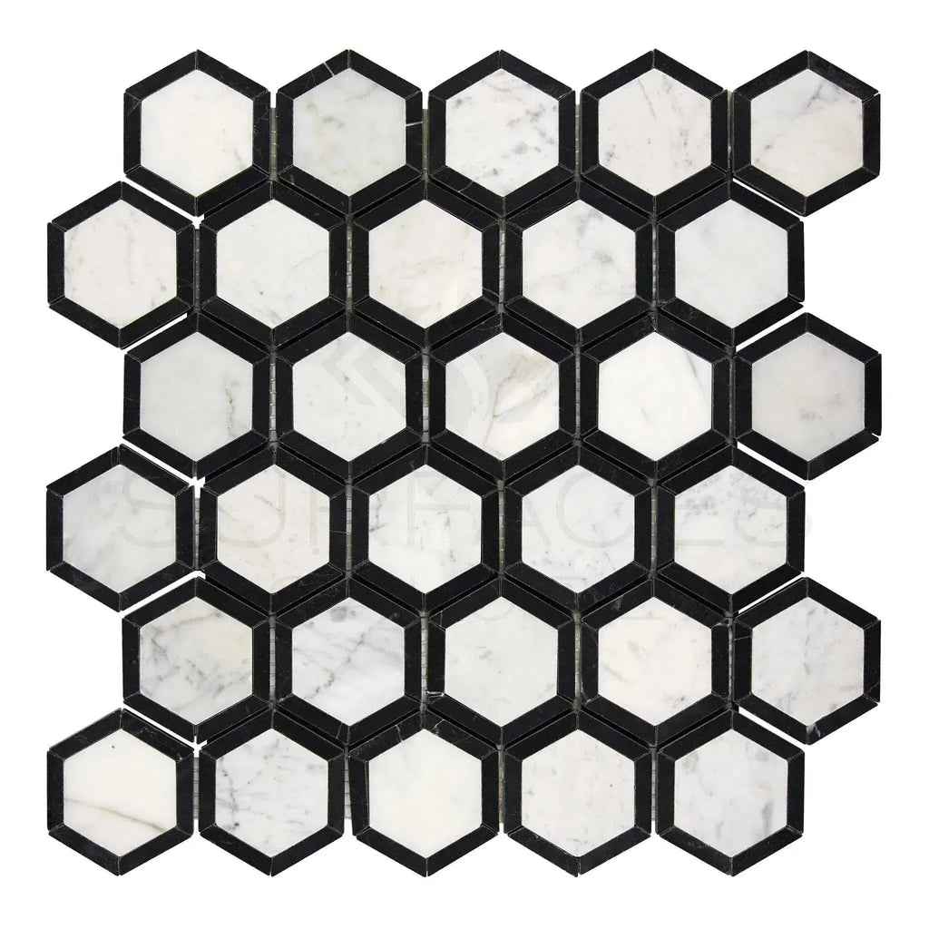 Carrara White Vortex 2’’ Hexagon Marble Tile with Black Polished or Honed Finish