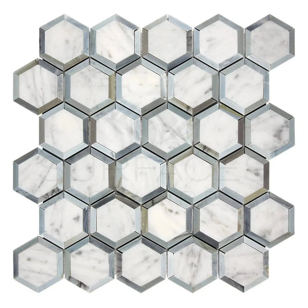 Hexagonal marble mosaic tile sheet in Carrara White Vortex with Blue-Gray accents