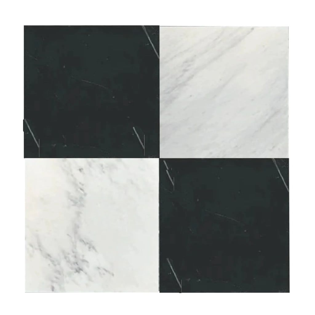 Black and white checkered marble tile from Checkerboard Bardiglio and Bianco Carrara set