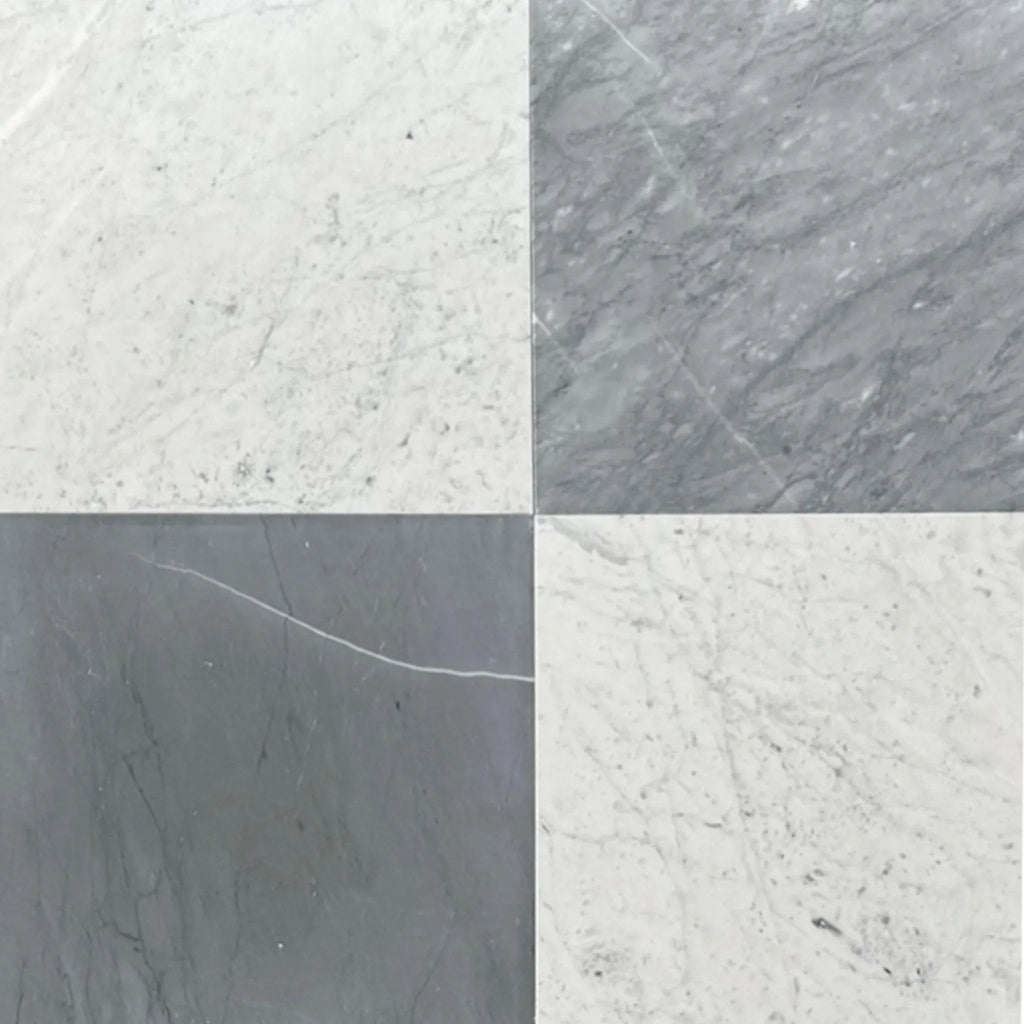 Four-paneled marble tile sample of Checkerboard Bardiglio and Bianco Carrara 12X12 Set