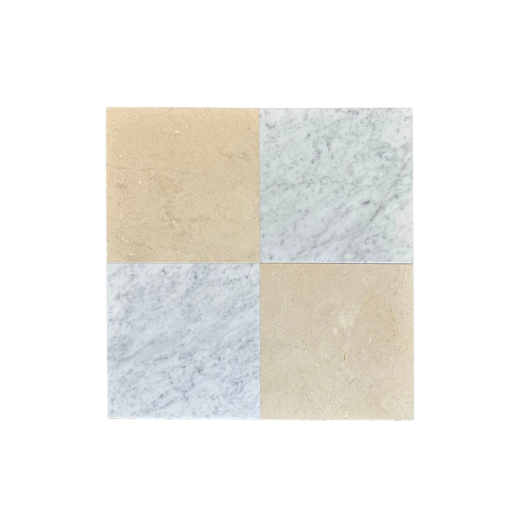 Four square marble tiles in Checkerboard Bardiglio and Bianco Carrara design