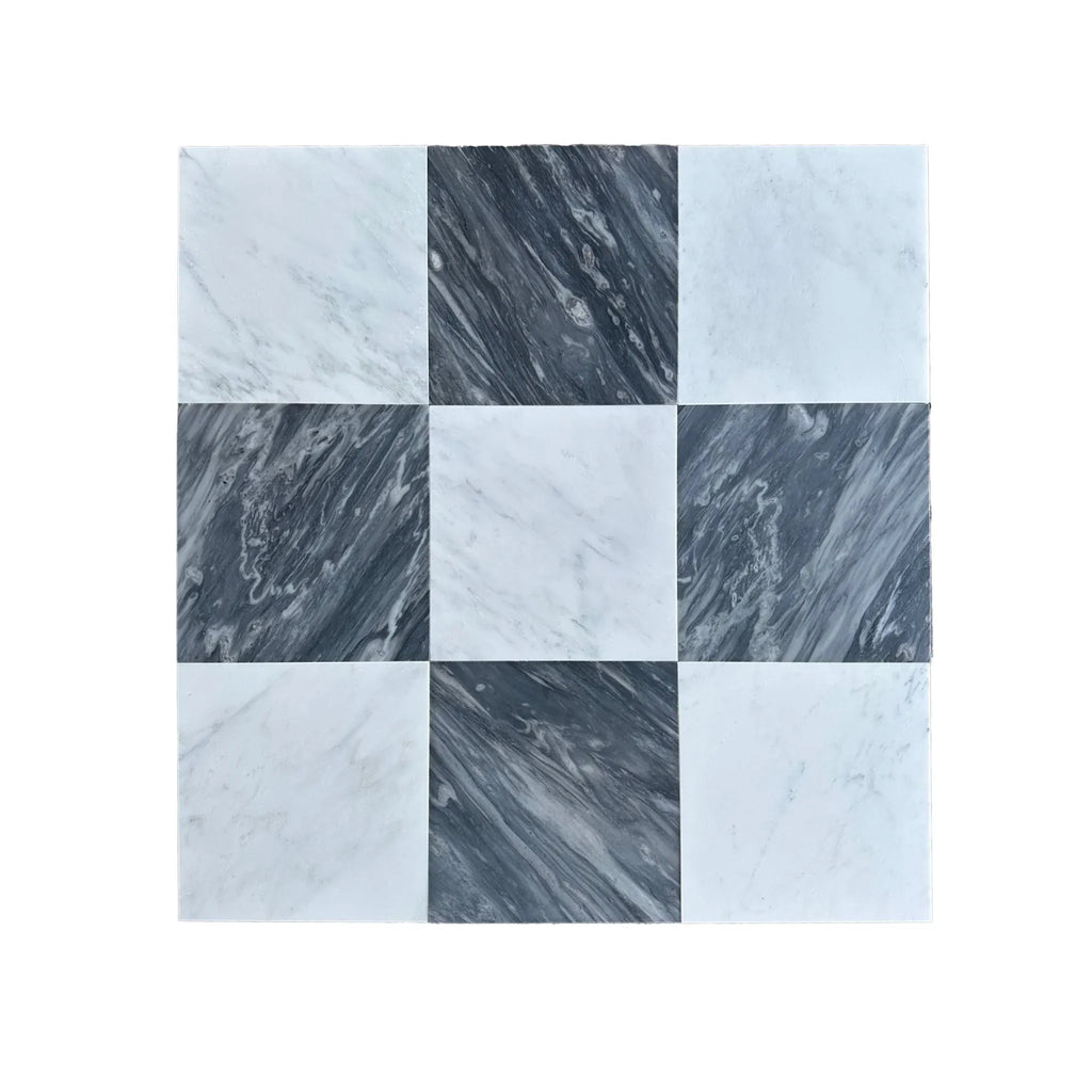 Nine-square marble tile pattern in Checkerboard Bardiglio and Bianco Carrara Marble Set