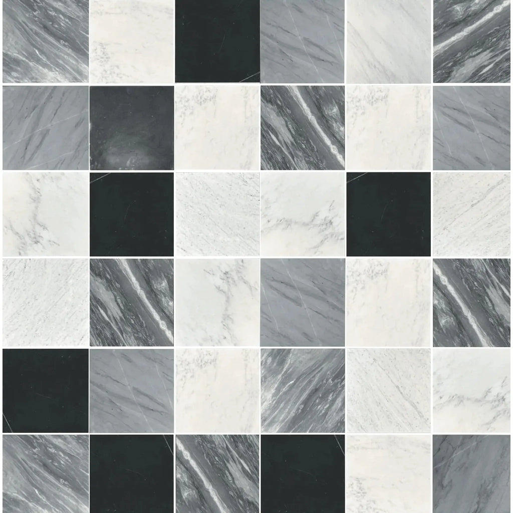 Checkerboard pattern of Bardiglio and Bianco Carrara Marble tiles in 18X18 set