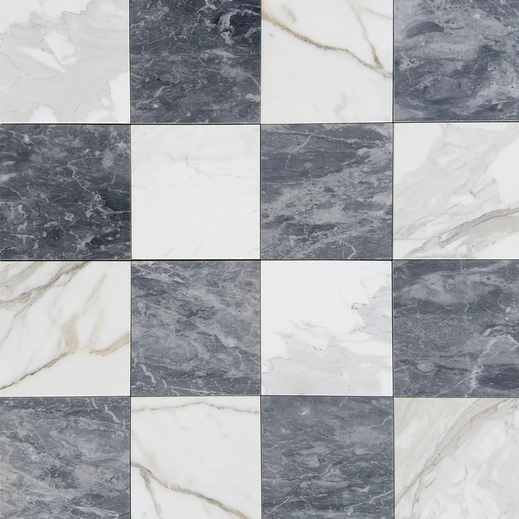 Checkered marble tile pattern in Checkerboard Bardiglio and Calacatta Gold Marble set