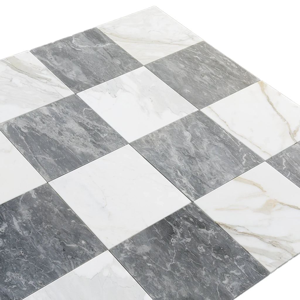 Checkerboard Bardiglio and Calacatta Gold Marble 12X12 Set showcasing elegant tiles