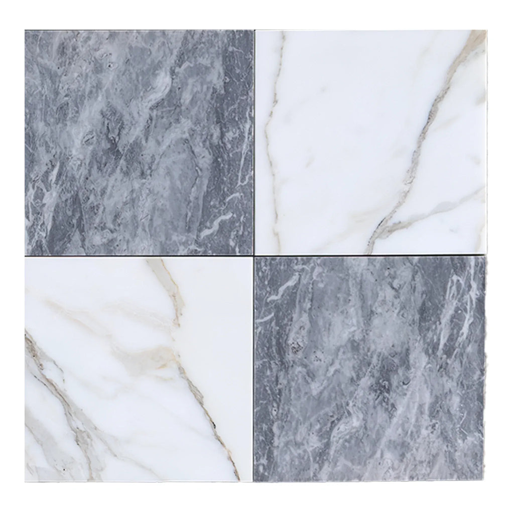 Four marble-patterned tiles from the Checkerboard Bardiglio and Calacatta Gold Marble set