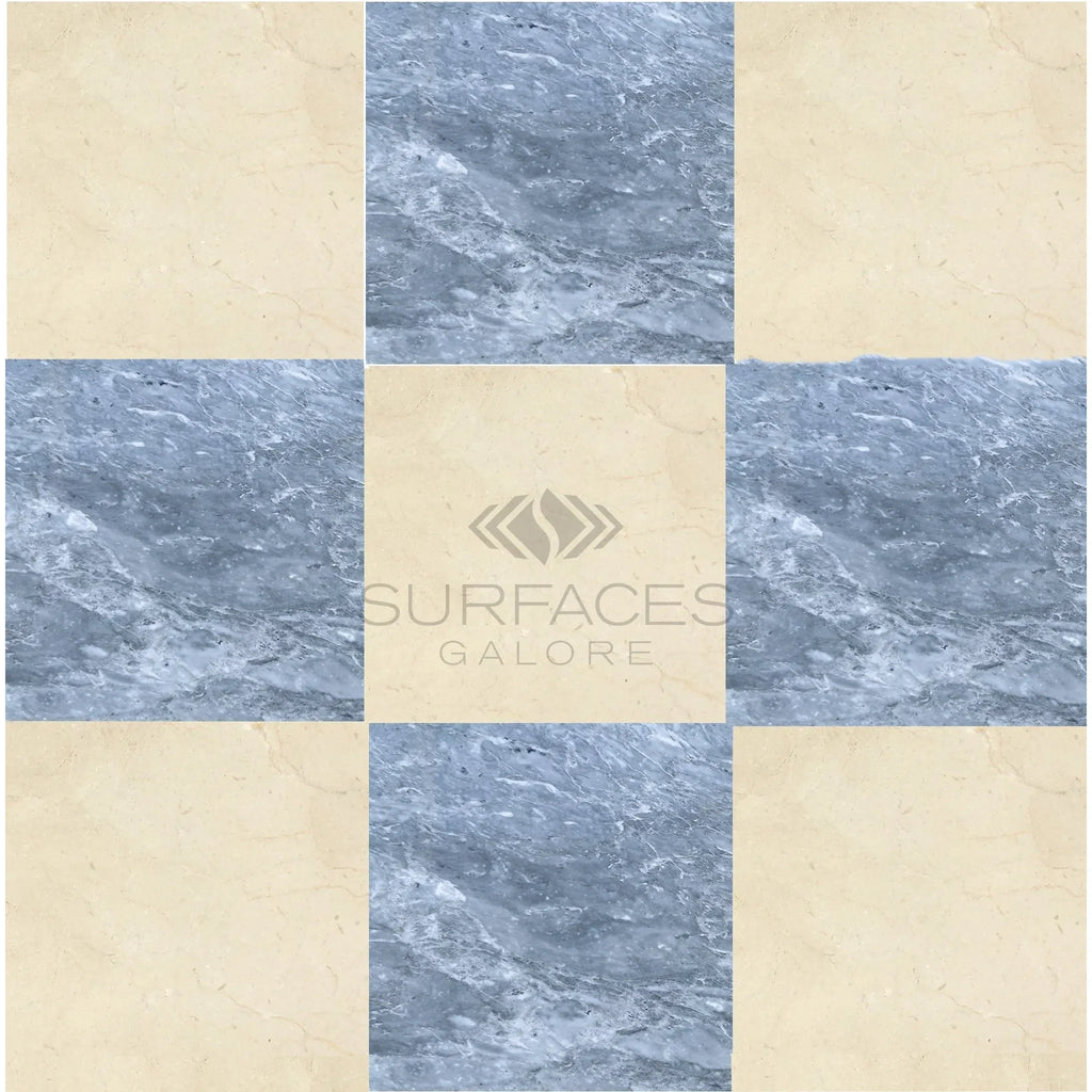 Nine-tile marble pattern in Checkerboard Bardiglio and Crema Marfil 12X12 Set