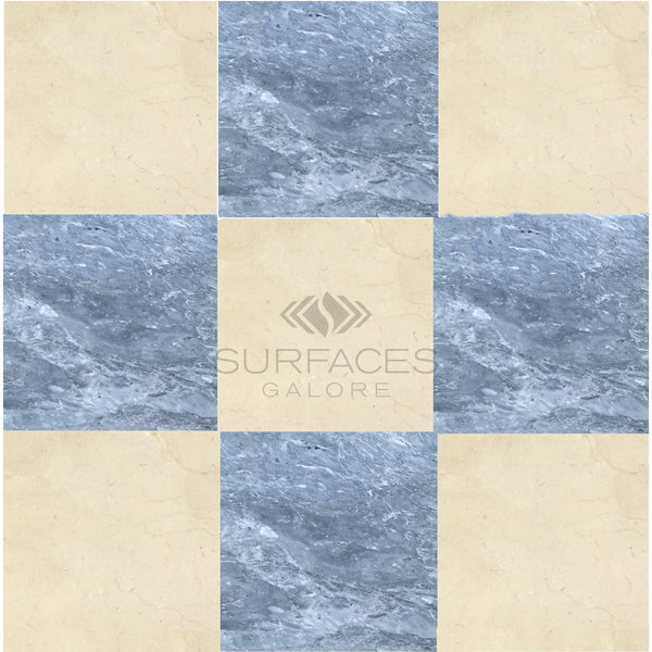 Nine-tile marble pattern in Checkerboard Bardiglio and Crema Marfil 12X12 Set