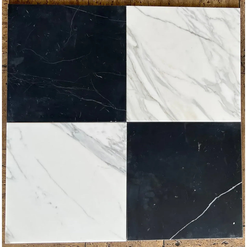 Four marble tiles from the Checkerboard Bardiglio and Crema Marfil 18X18 Set