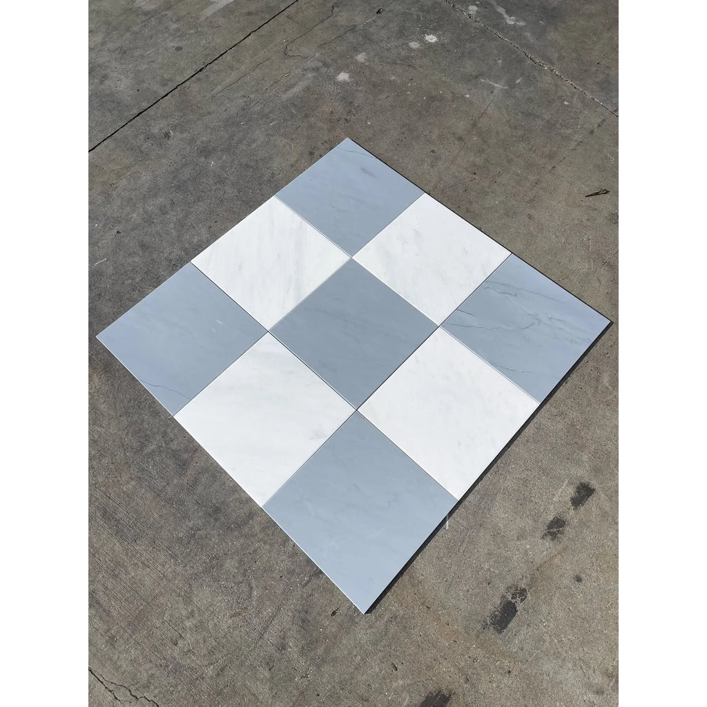 Checkerboard tile pattern featuring Bardiglio Imperiale and Oriental White Marble Set