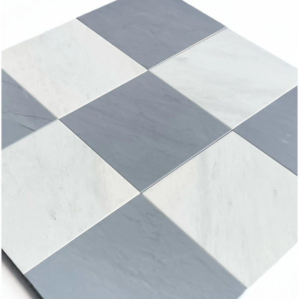 Checkerboard tile pattern featuring Bardiglio Imperiale and Oriental White Marble Set