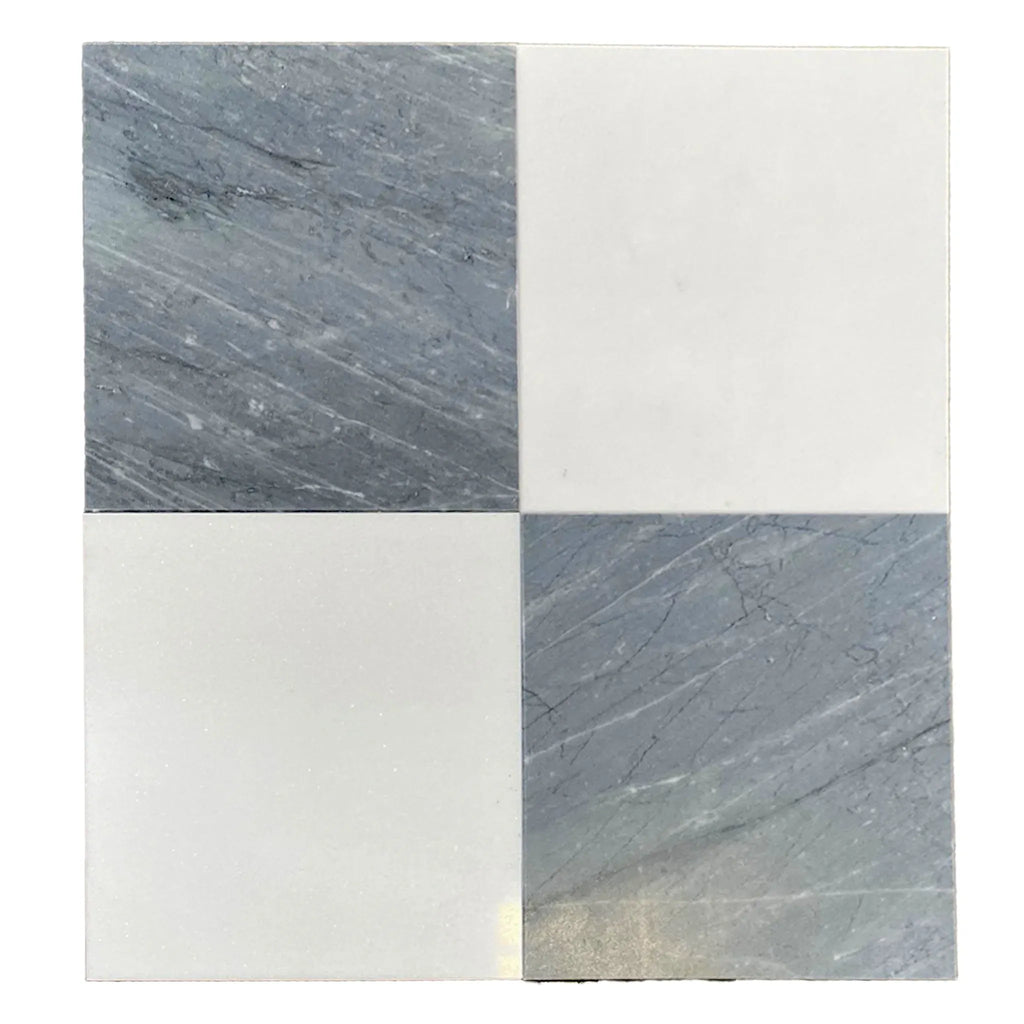 Checkerboard Bardiglio Imperiale and Thassos 12X12 Set featuring a square tile pattern