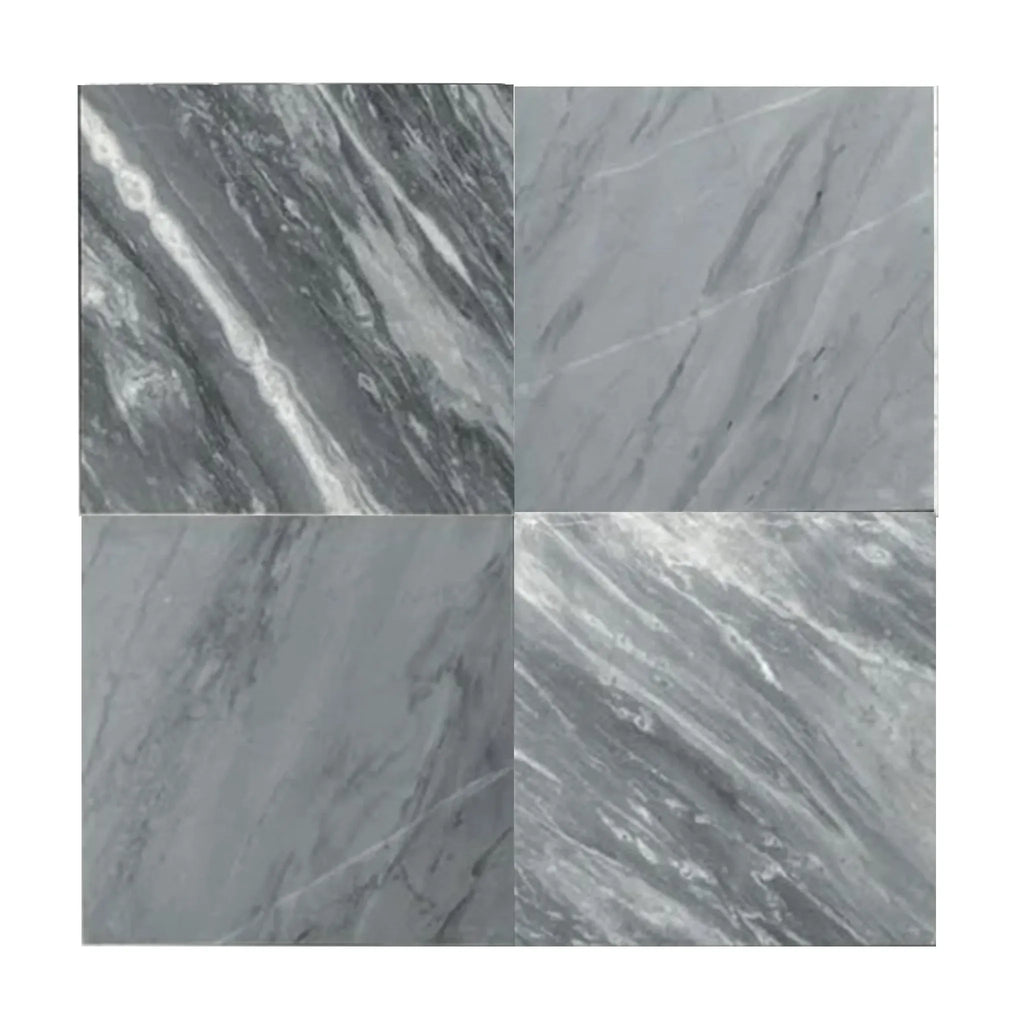 Four gray marble tiles from the Checkerboard Bardiglio Imperiale and Thassos 18X18 Set