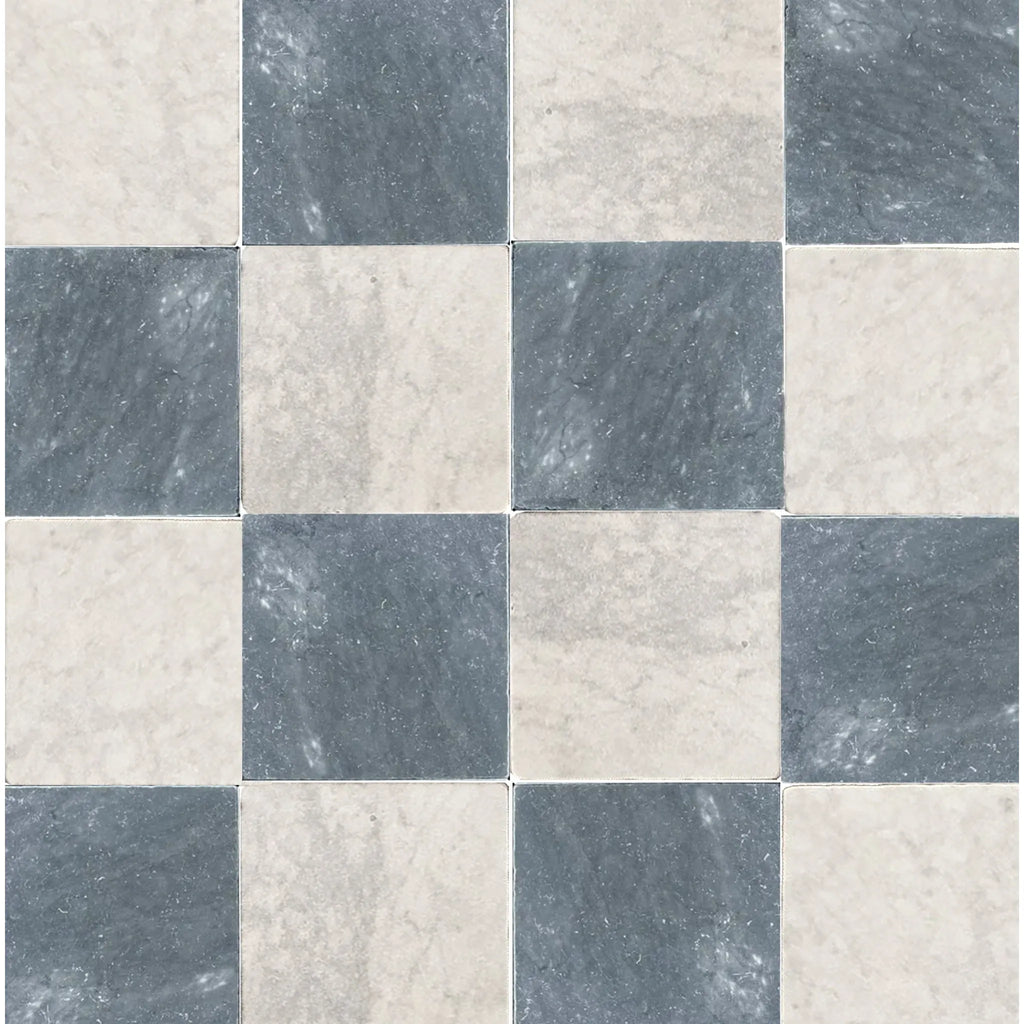 Checkered tile pattern of Checkerboard Bardiglio Marble and Carrara White Marble 12X12 Tumbled Set