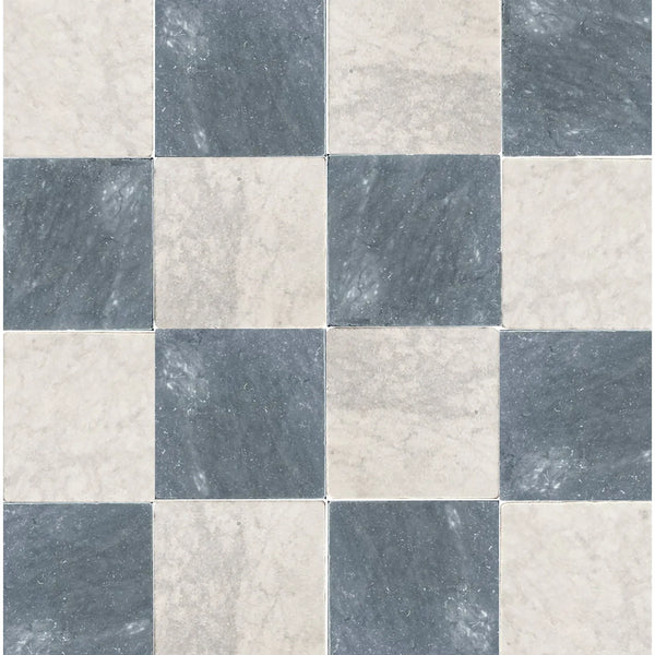 Checkered tile pattern of Checkerboard Bardiglio Marble and Carrara White Marble 12X12 Tumbled Set