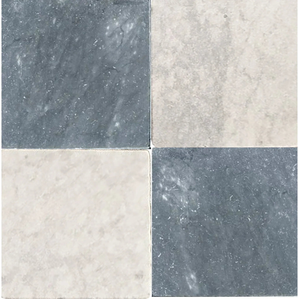 Four-square marble tile pattern in Checkerboard Bardiglio and Carrara White Marble Set