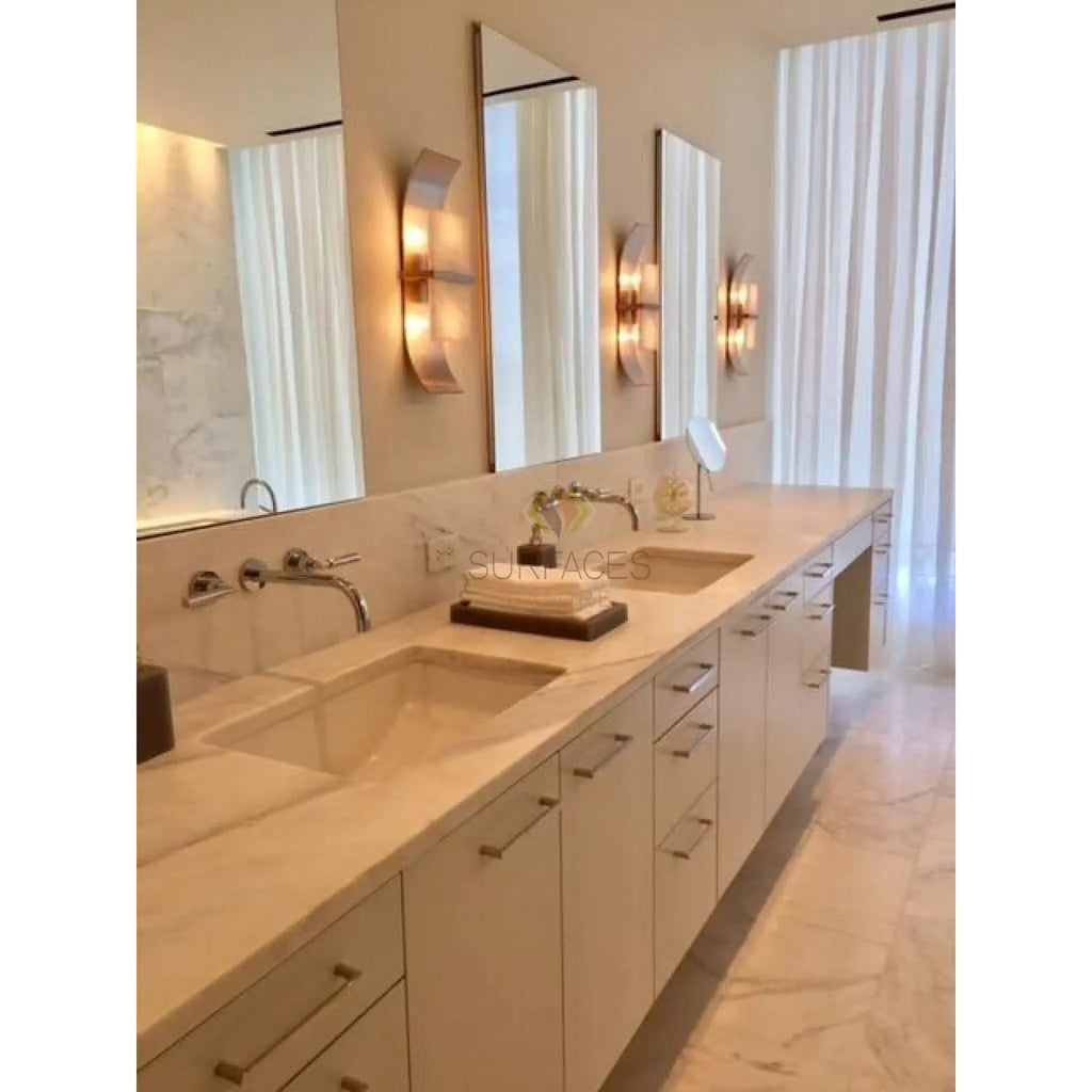 Bathroom vanity featuring double sinks in Checkerboard Bardiglio and Oriental White Marble