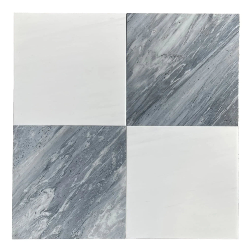 Square tile featuring a checkerboard design in Bardiglio Nuvolato and Bianco Dolomite