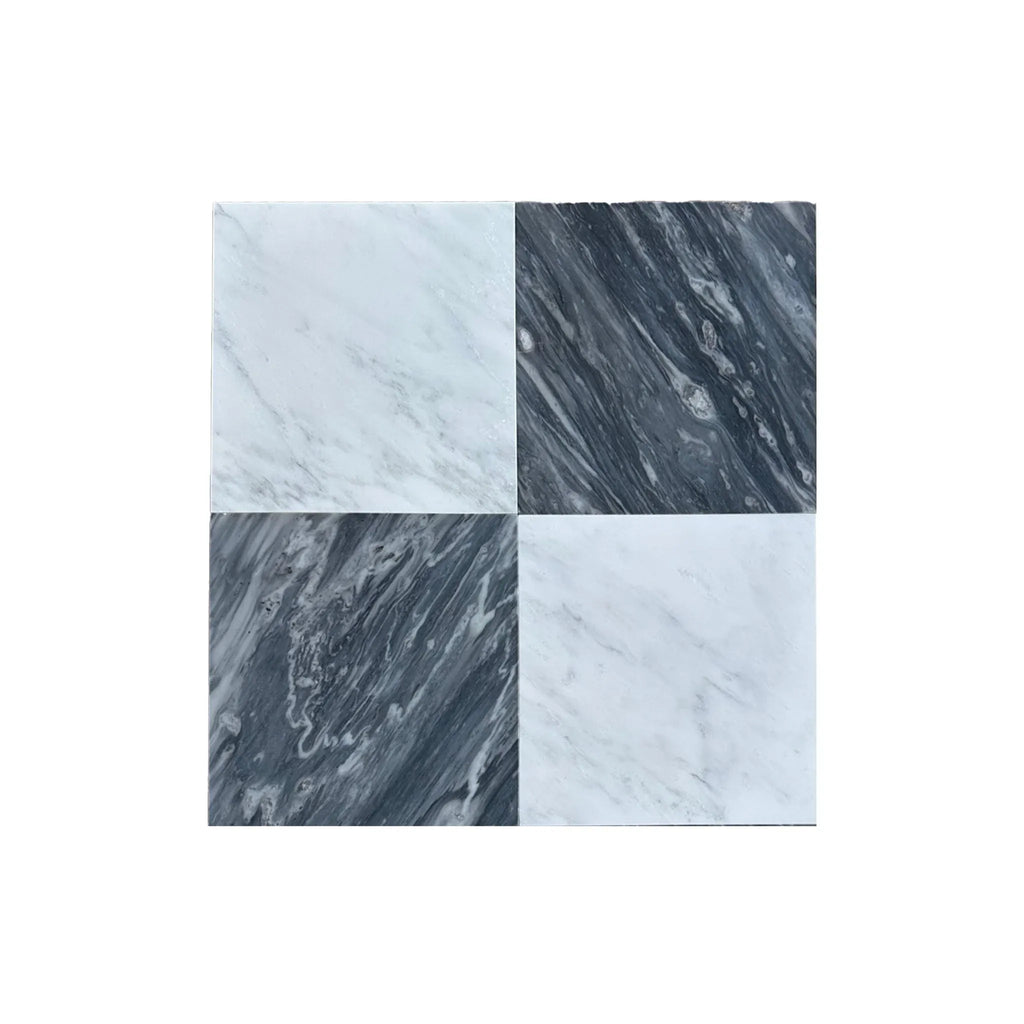 Four-square marble tile pattern of Checkerboard Bardiglio Nuvolato and Oriental White