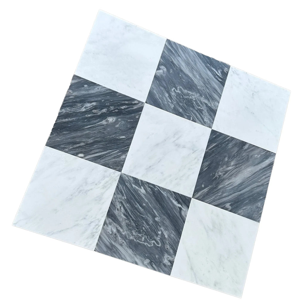 Checkerboard marble tile pattern in Checkerboard Bardiglio Nuvolato and Oriental White set