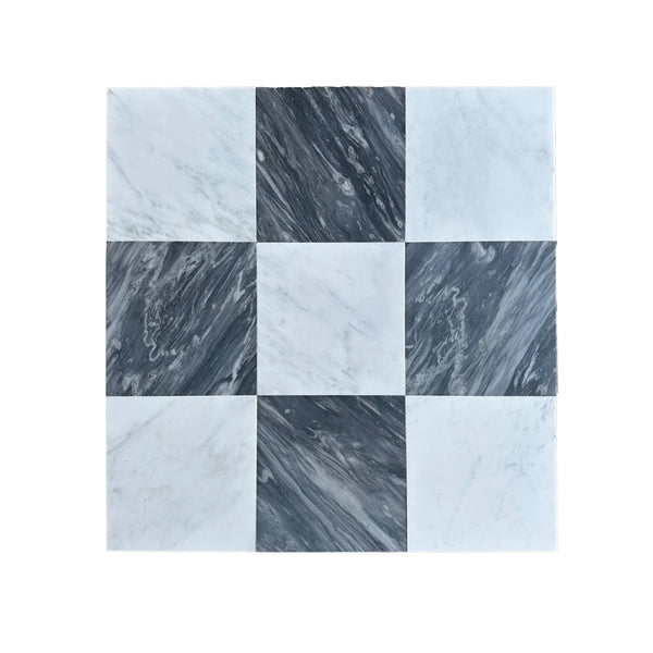 Checkerboard marble tile pattern featuring Bardiglio Nuvolato and Oriental White 12X12 set