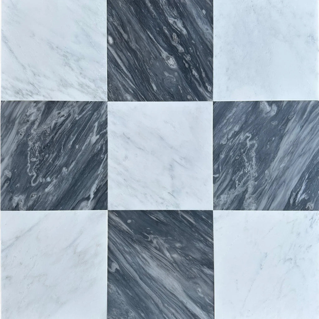 Nine square marble tiles in Checkerboard Bardiglio Nuvolato and Oriental White 12X12 Set