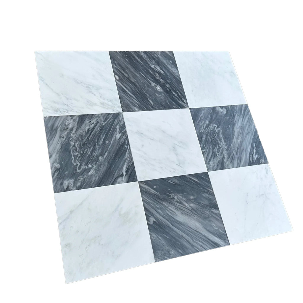 Checkerboard marble tile pattern in Checkerboard Bardiglio Nuvolato and Oriental White 12X12 Set