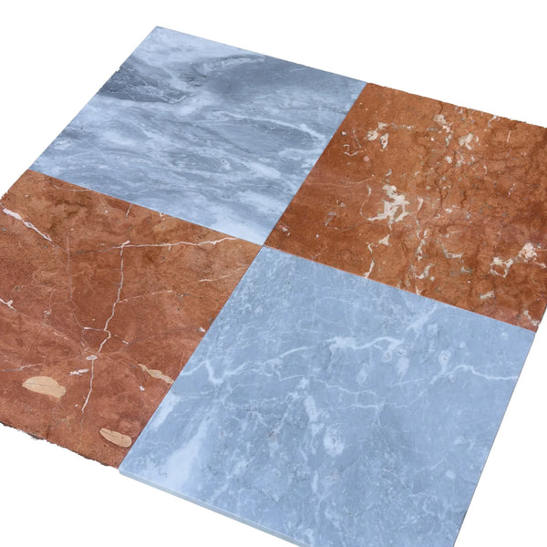 Four marble tiles from the Checkerboard Bardiglio Nuvolato and Rojo Alicante 12X12 Set