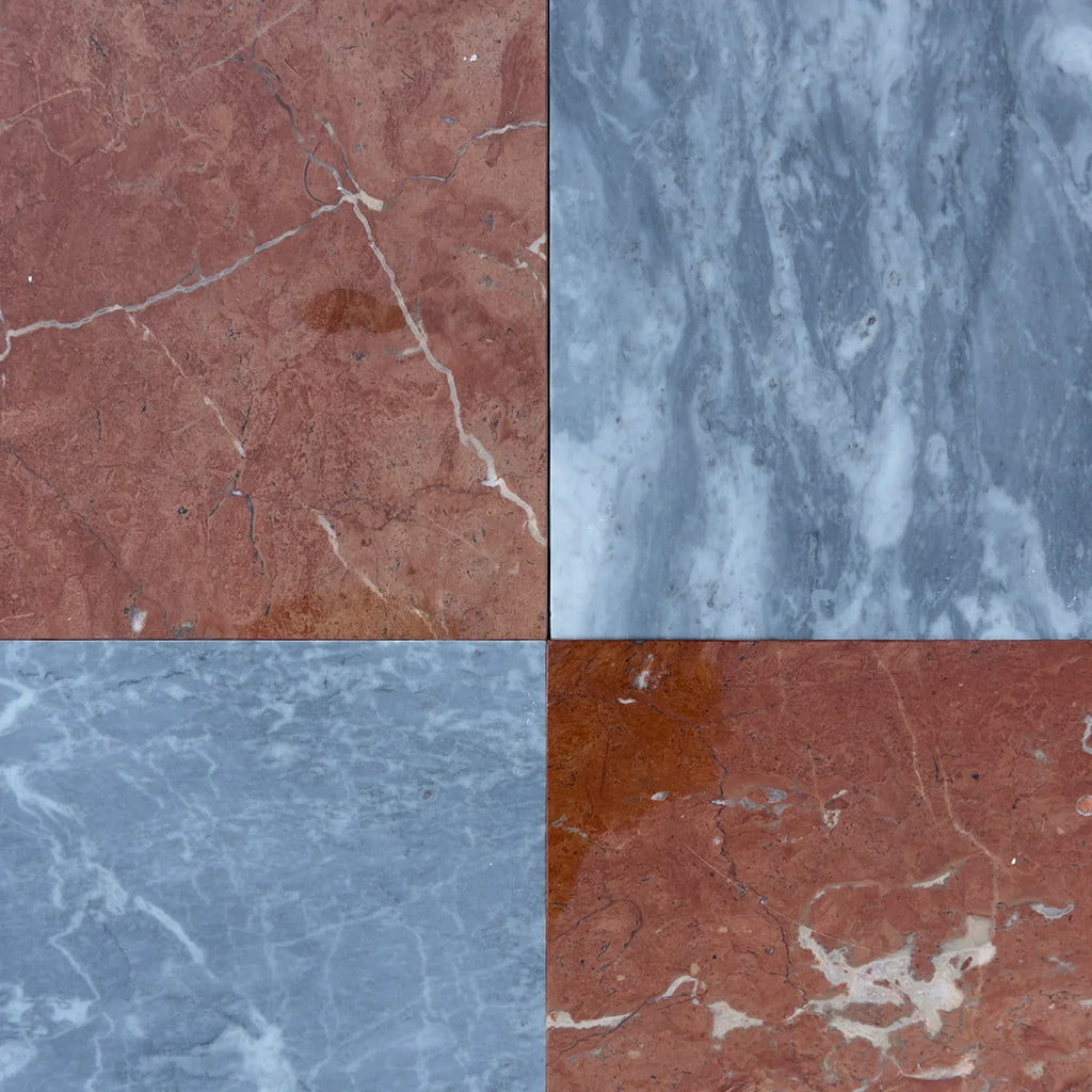 Four marble tiles from the Checkerboard Bardiglio Nuvolato and Rojo Alicante 12X12 Set