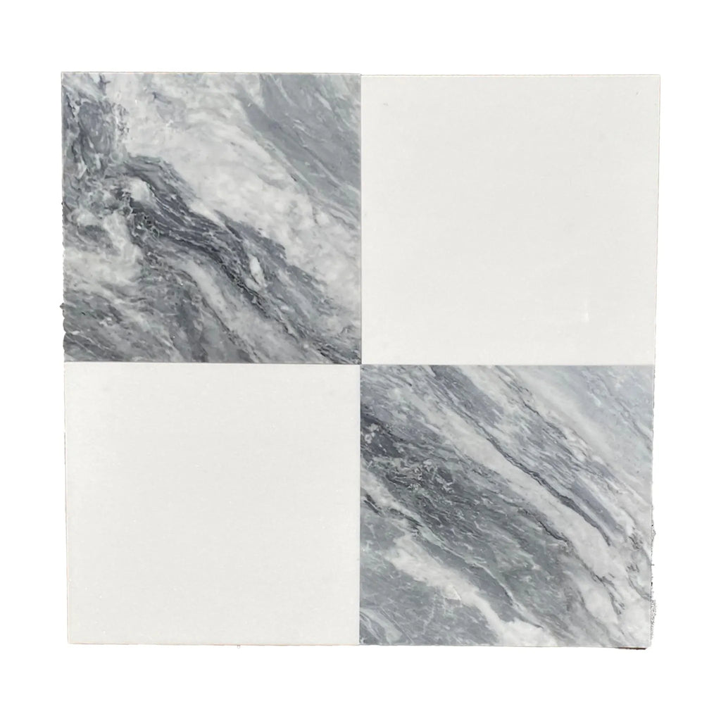 Square tile featuring Checkerboard Bardiglio Nuvolato and Thassos in marble design