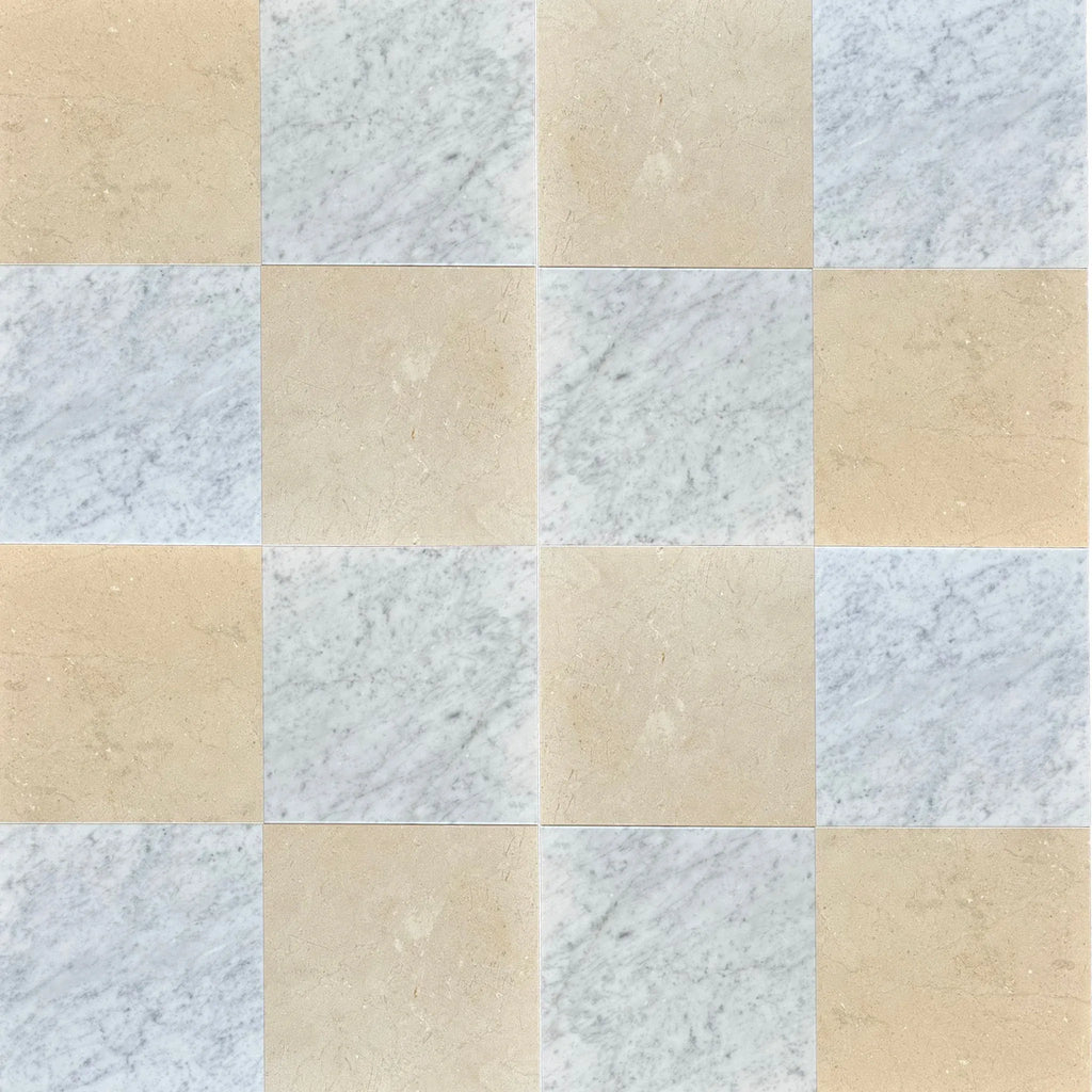 Checkered marble tile pattern in Checkerboard Bianco Carrara and Crema Marfil 12X12 Set