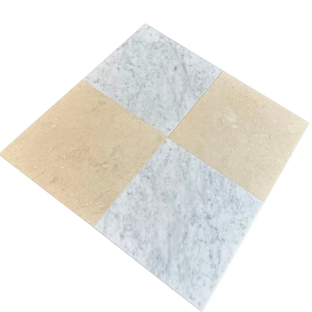 Checkerboard marble tile pattern in Checkerboard Bianco Carrara and Crema Marfil set