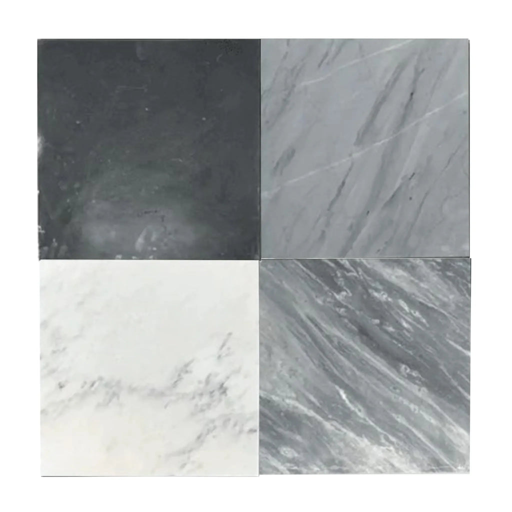 Four square marble tiles from the Checkerboard Bianco Carrara and Crema Marfil set