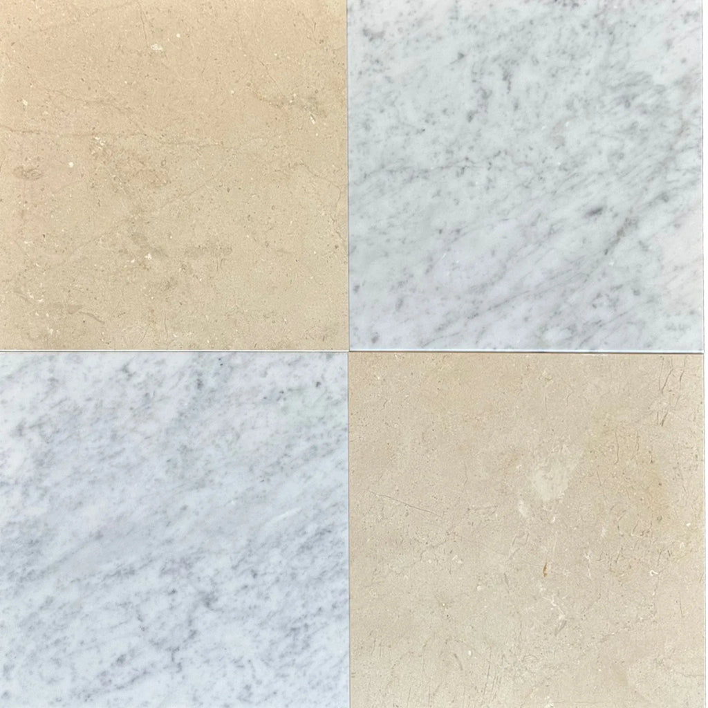 Four square marble tiles from the Checkerboard Bianco Carrara and Crema Marfil 18X18 Set