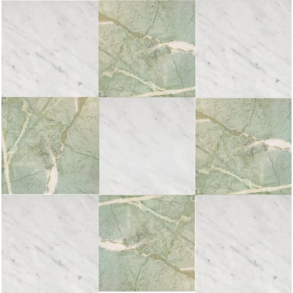 Checkerboard Bianco Carrara White and Ming Green Marble Tile Pattern 12x12 Set