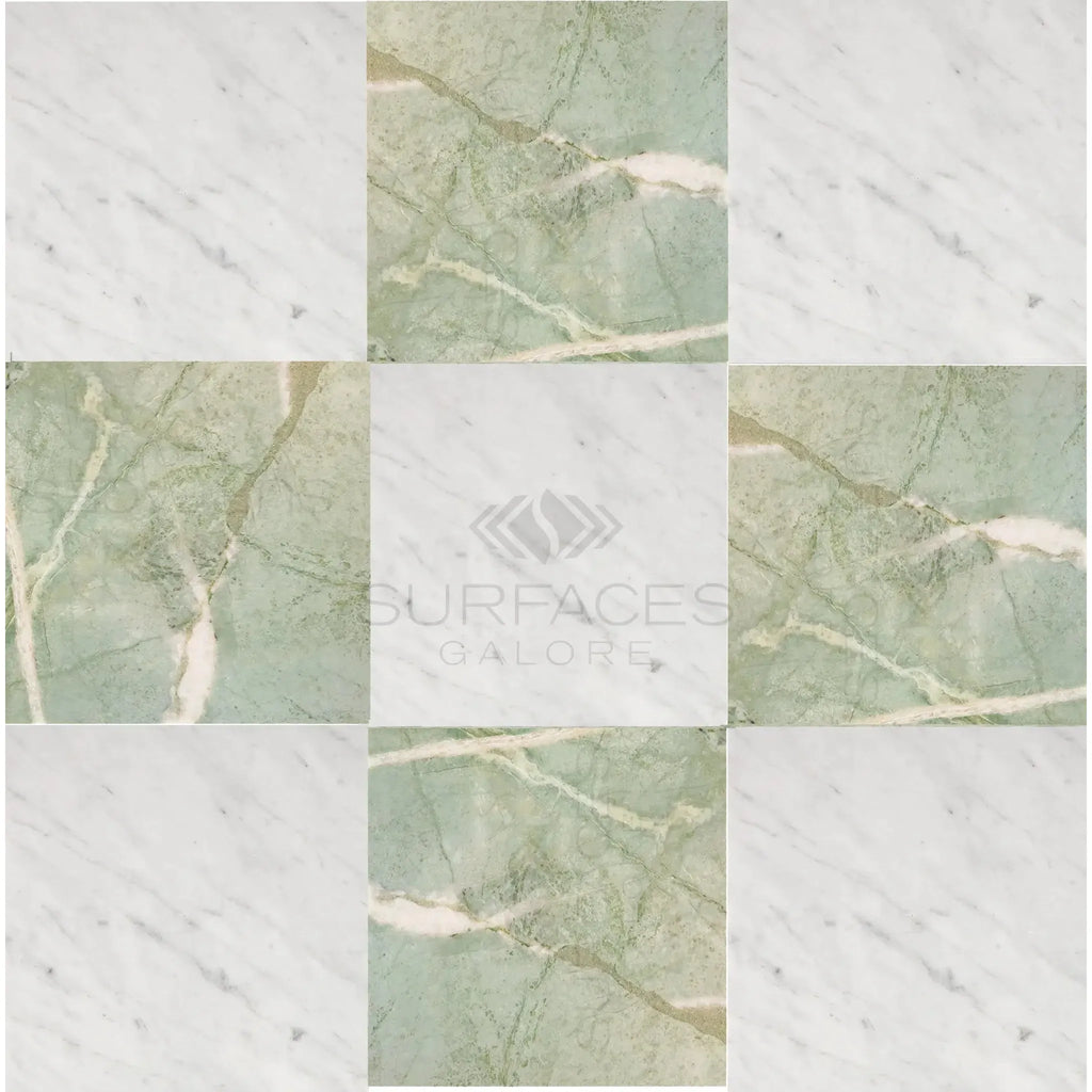 Checkerboard Bianco Carrara White Marble and Ming Green Marble tile arrangement