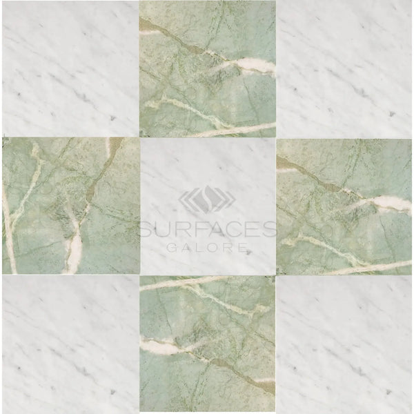 Checkerboard Bianco Carrara White Marble and Ming Green Marble tile arrangement