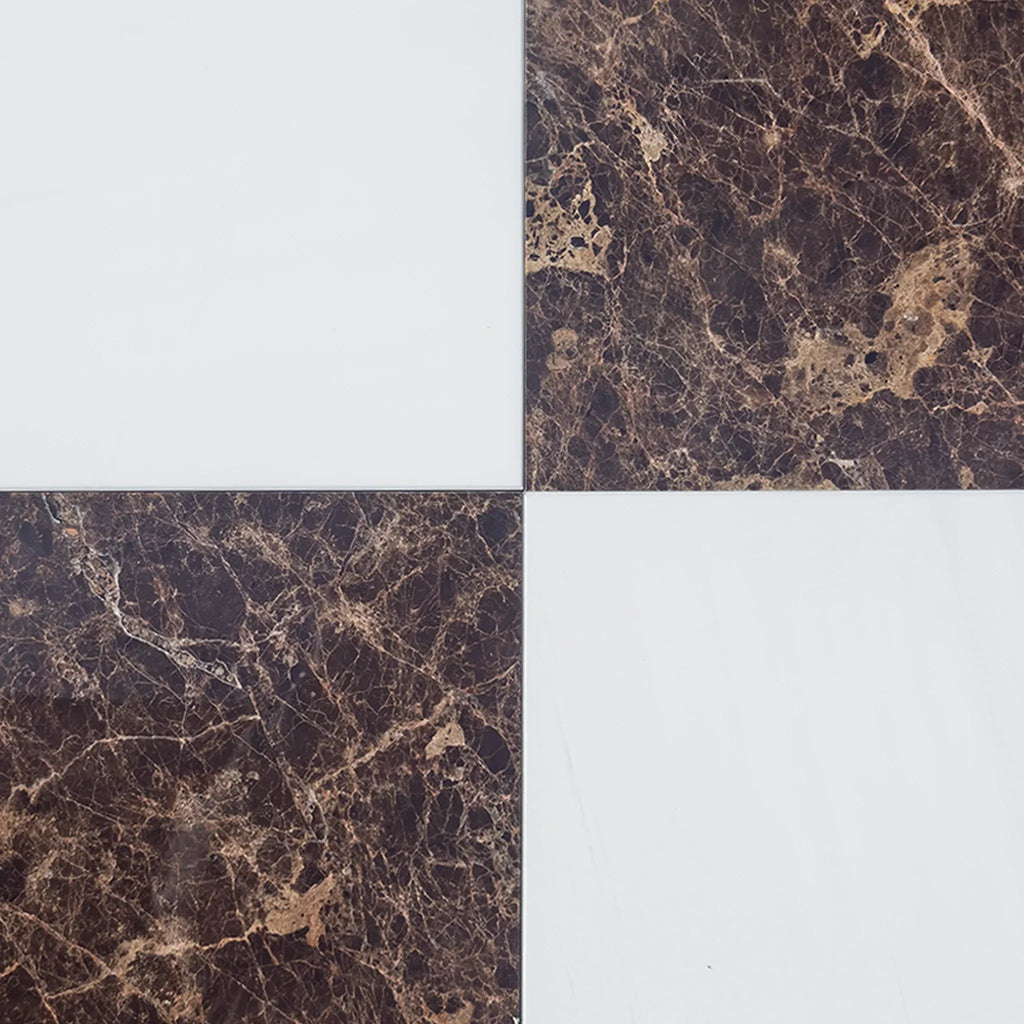 Four-square tile pattern of Checkerboard Bianco Dolomite and Emperador Dark 12X12 Set