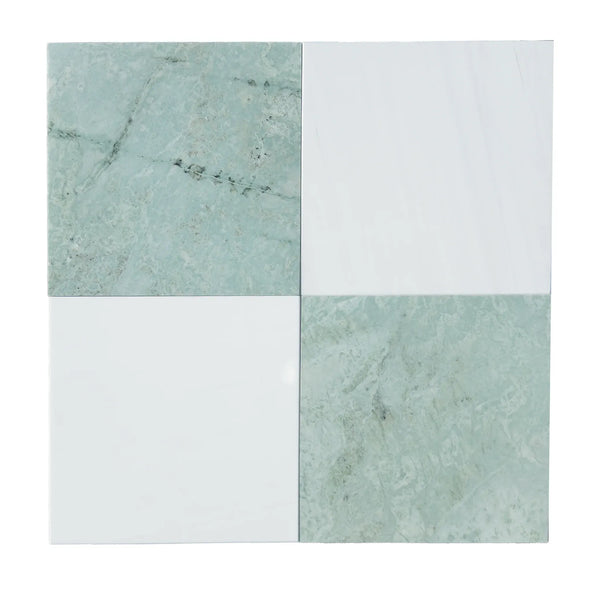 Checkerboard Bianco Dolomite and Ming Green tile with marble and white squares