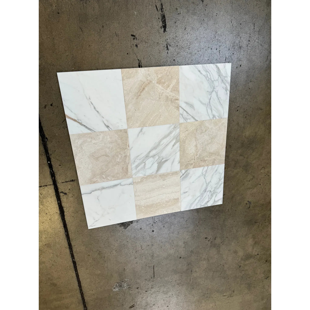 Square tile featuring a nine-square pattern of white and beige marble in Checkerboard Calacatta Gold Marble and Diano Royal Marble 12X12 Set