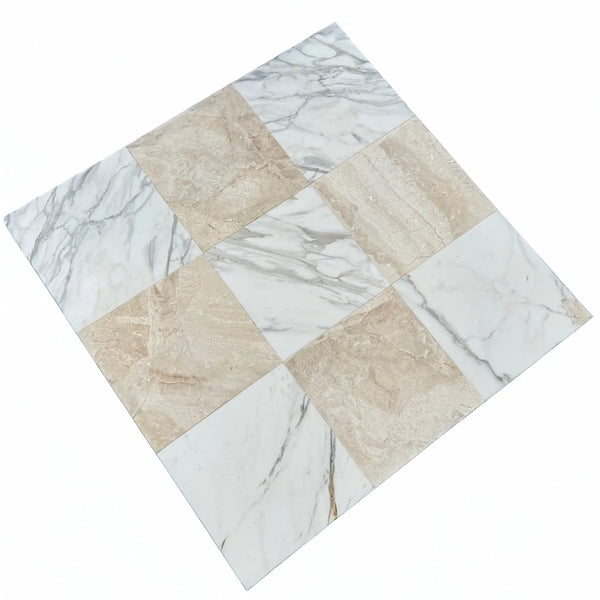 Square tile showcasing Checkerboard Calacatta Gold and Diano Royal Marble patterns