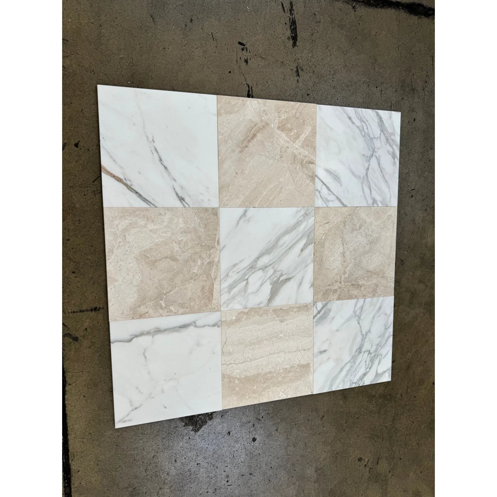 Nine-square marble-patterned tile set featuring Checkerboard Calacatta Gold and Diano Royal Marble