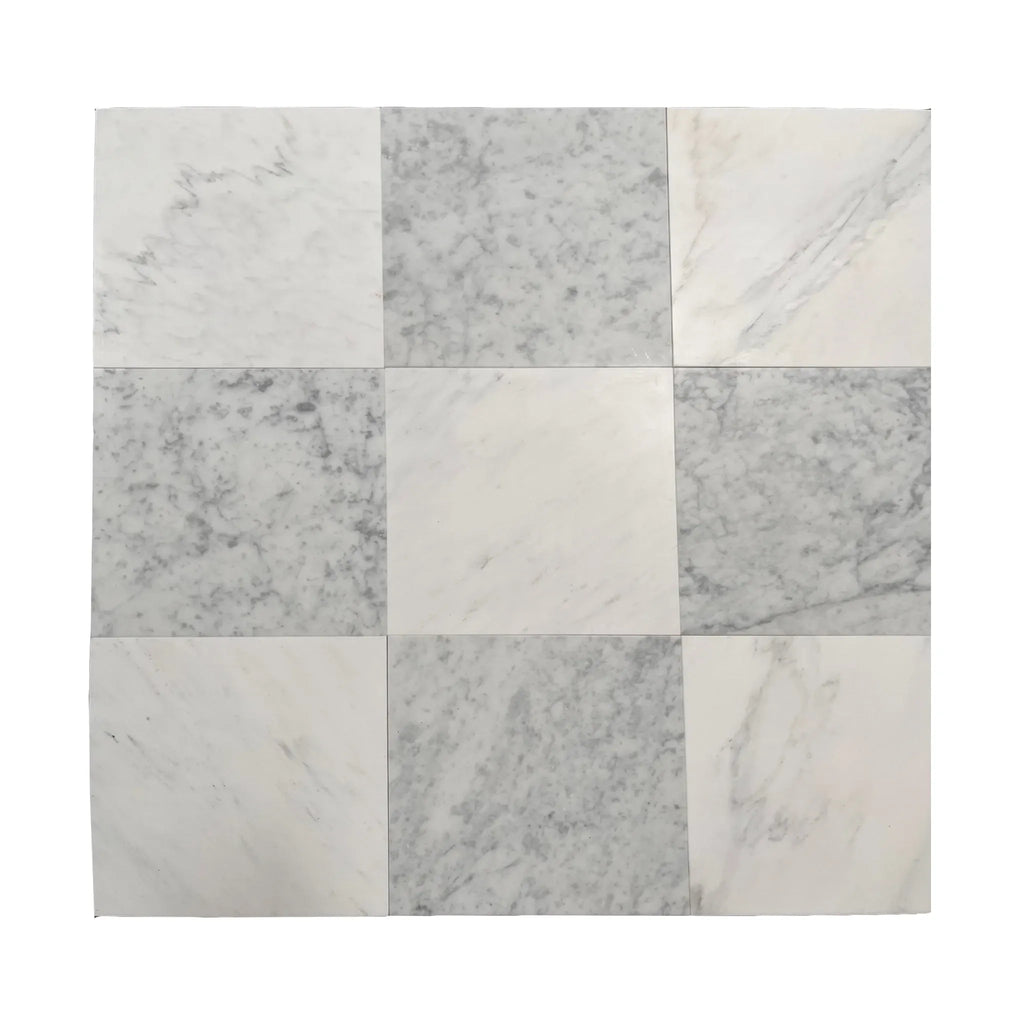 Nine square marble tiles in Checkerboard Carrara White and Oriental White 12X12 Set