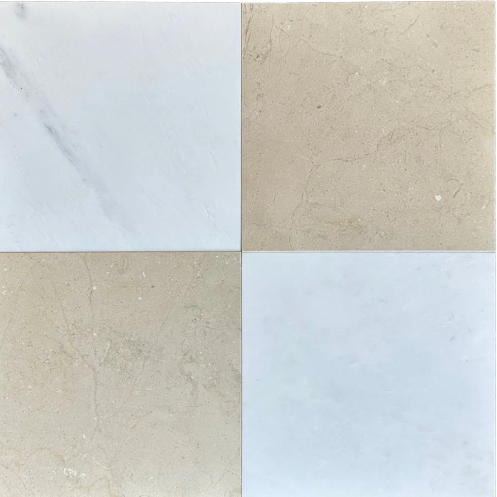 Four square marble tiles from the Checkerboard Carrara White and Oriental White set