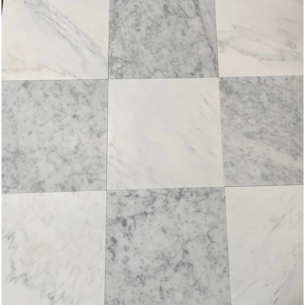 Checkerboard Carrara White and Oriental White 12X12 Set featuring elegant marble floor