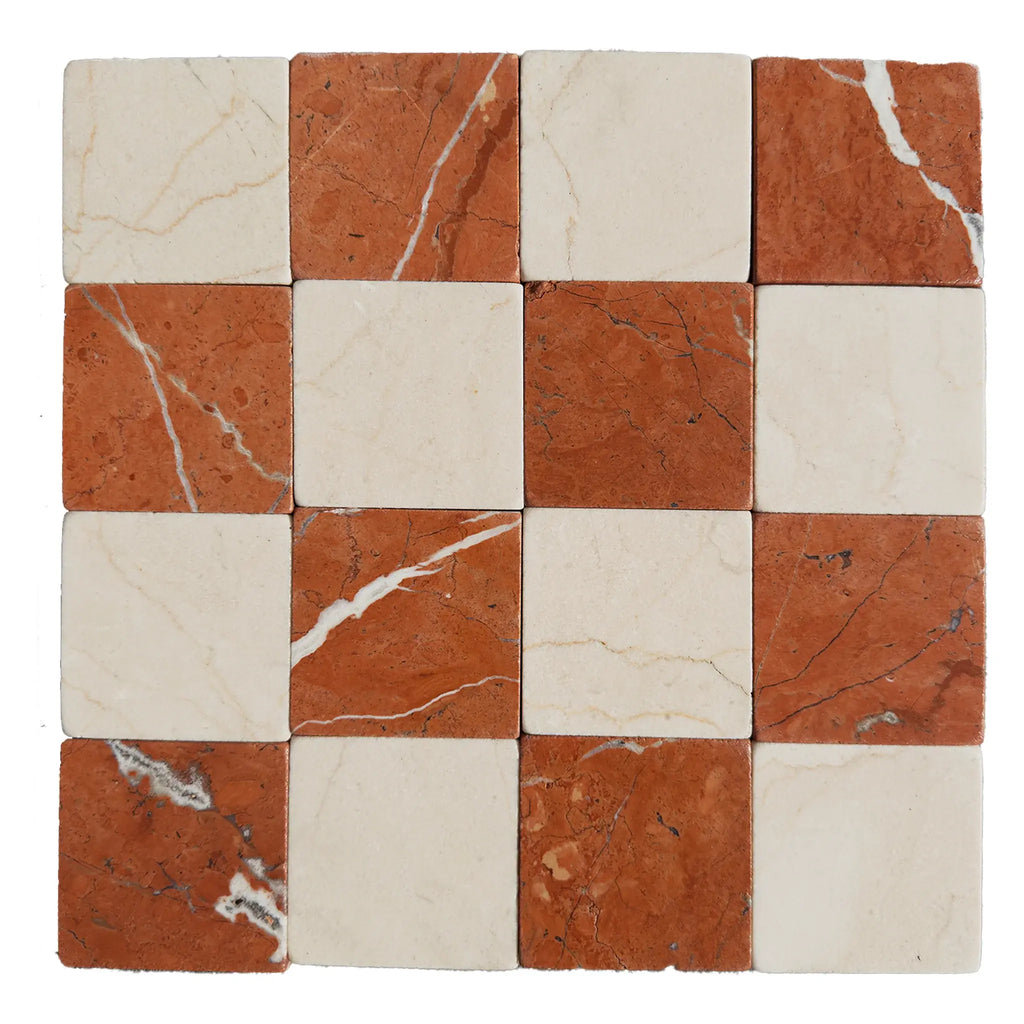 Checkerboard pattern of Crema Marfil and Rojo Alicante marble tiles in 3X3 size