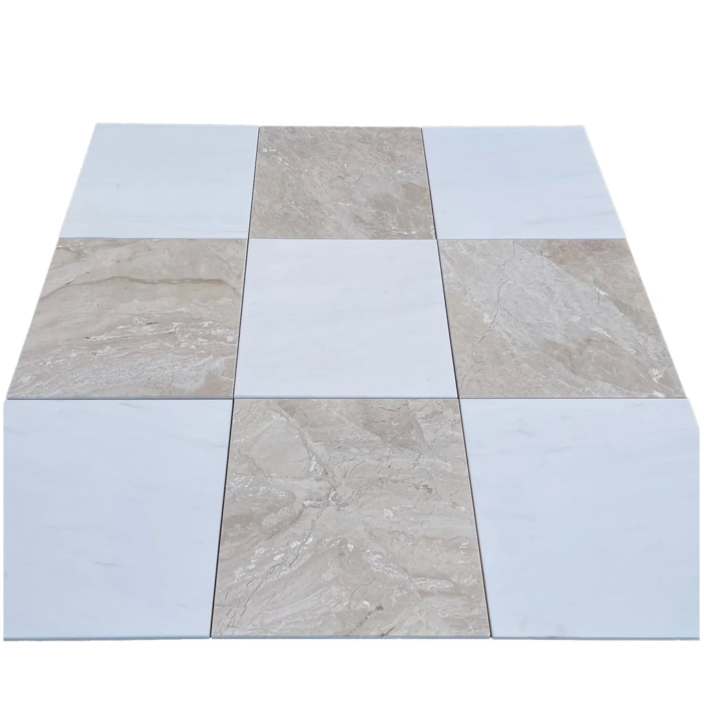 Alternating square tile pattern in Checkerboard Diano Royal and Oriental White Marble