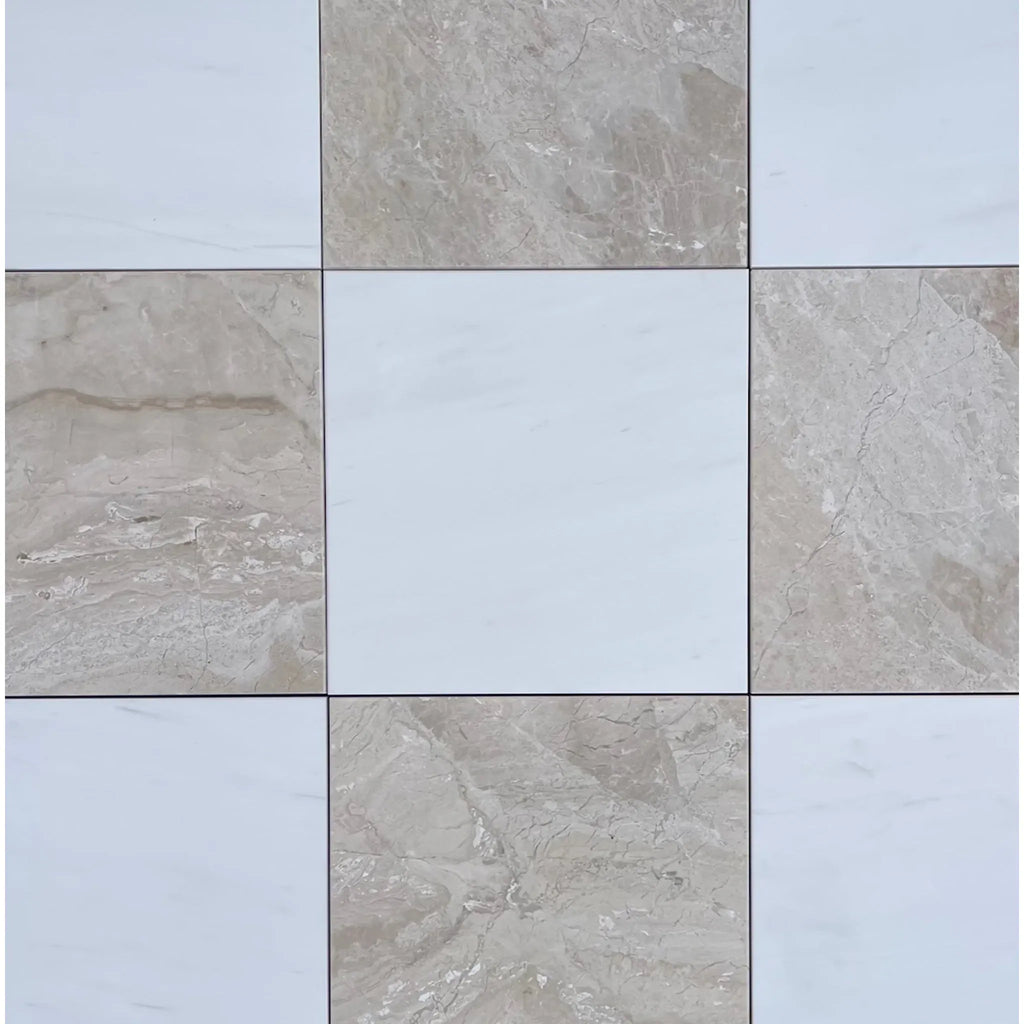 Alternating marble and plain tiles from Checkerboard Diano Royal and Oriental White Marble 18X18 Set