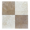 Four-square travertine tile pattern in Checkerboard Emperador Dark Marble and Crema Marfil