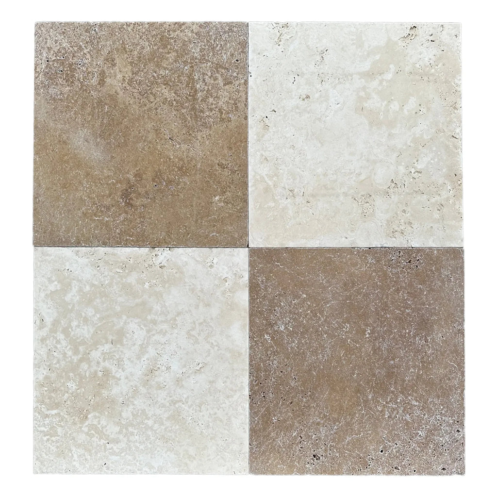 Four-square travertine tile pattern in Checkerboard Emperador Dark Marble and Crema Marfil